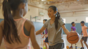 Estudante em uma quadra, jogando basquete com seus colegas, demonstrando que a saúde física e mental impactam o aprendizado de alunos.